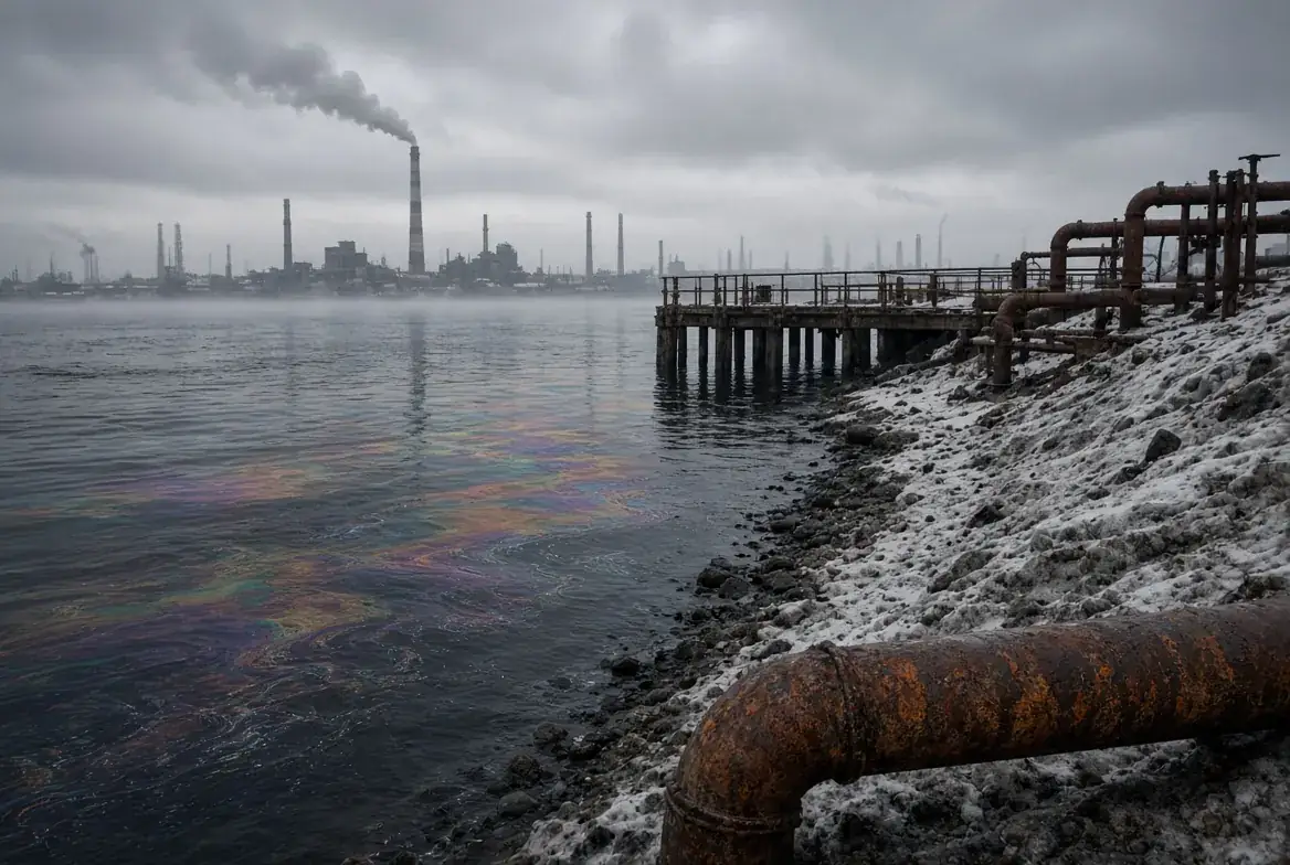 Промзона у воды зимой, радужная нефтяная плёнка у берега